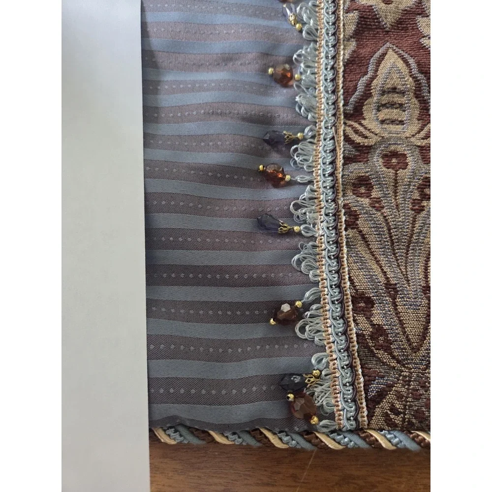 Luxury Beaded Tapestry King Shams Rope Trim Blue And Brown High End Silk Like